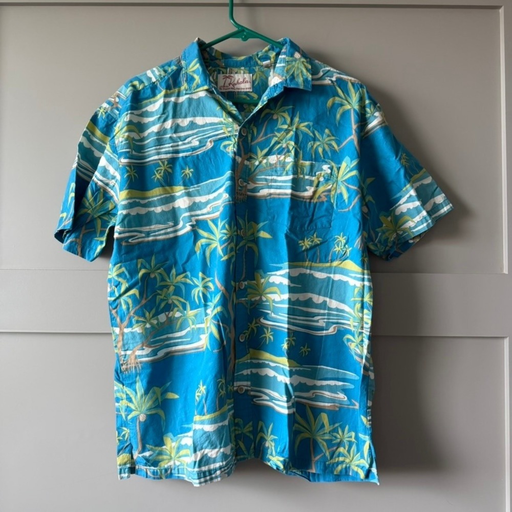 Kahala Aloha Shirt Mens Large Blue Tropical Palm Tree Hand Crafted Hawaii Ulu